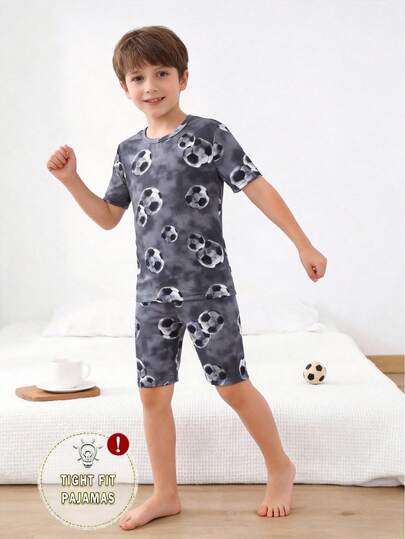 2pcs/Set Boys' Elastic Knit Soccer Graphic Short Sleeve Top And Shorts Pajama Set, Comfortable And Soft, Great Gift For Tween Boys