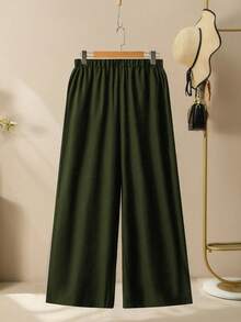 Lacomfia Conjunto de 2 piezas de camisa con estampado floral y pantalones de pierna ancha sueltos y cómodos de talla grande para mujer - Verde Oliva - Ver 5