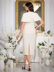 Modelyn 新款法式设计小众修身披肩肩3D立体花卉优雅紧身连衣裙 - 杏色 - 查看 7