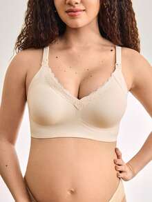 女士无缝V领蕾丝舒适聚拢可拆卸衬垫孕妇哺乳文胸 - 粉色 - 查看 3