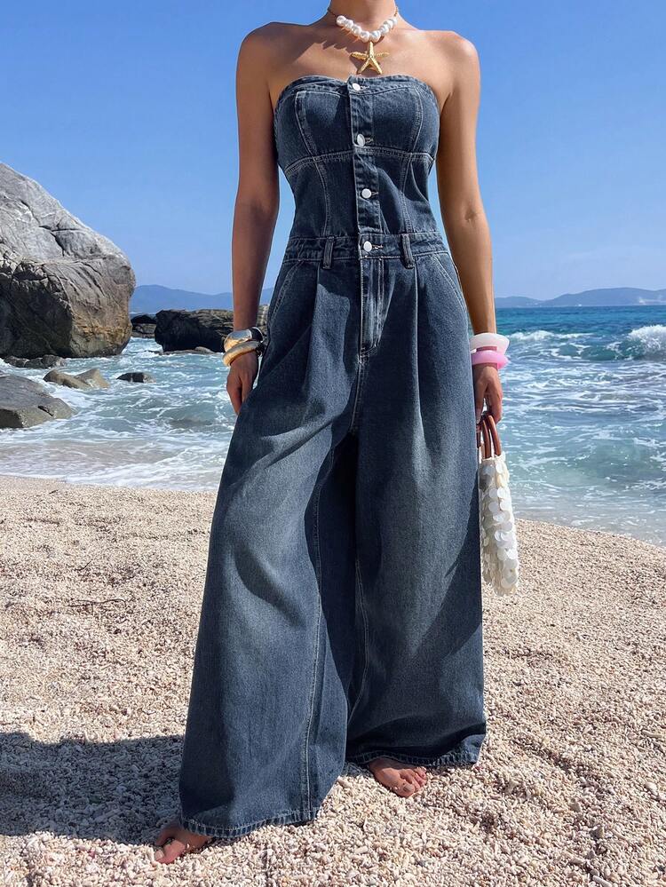 Women's Casual Washed Denim Jumpsuit With Bandeau Design Vacation Outfits Women