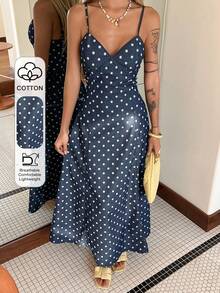 Women's Polka Dot Strap Dress, Elegant Denim Dress For Summer - Dark Wash - View 1