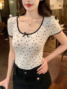 DAZY Damen Sommer T-Shirt mit Rundhalsausschnitt, Kurzarm, Schleifen-Dekor und Muster, Lässig - Weiss - Übersicht 5
