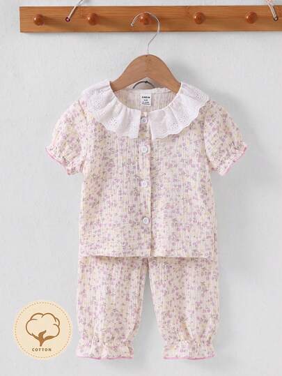 2 piezas Pijama de niña - Cuello con volantes florales, rosa claro, manga corta, cuello redondo, abotonado delantero, pantalón largo, ropa de dormir para las 4 estaciones, accesorio fotográfico, elegante y cómodo