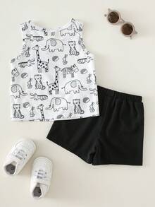 SHEIN 2pcs Baby Boy Cute Cartoon & Striped Pattern Knit Sleeveless Top And Shorts Set - Multicolor - View 2