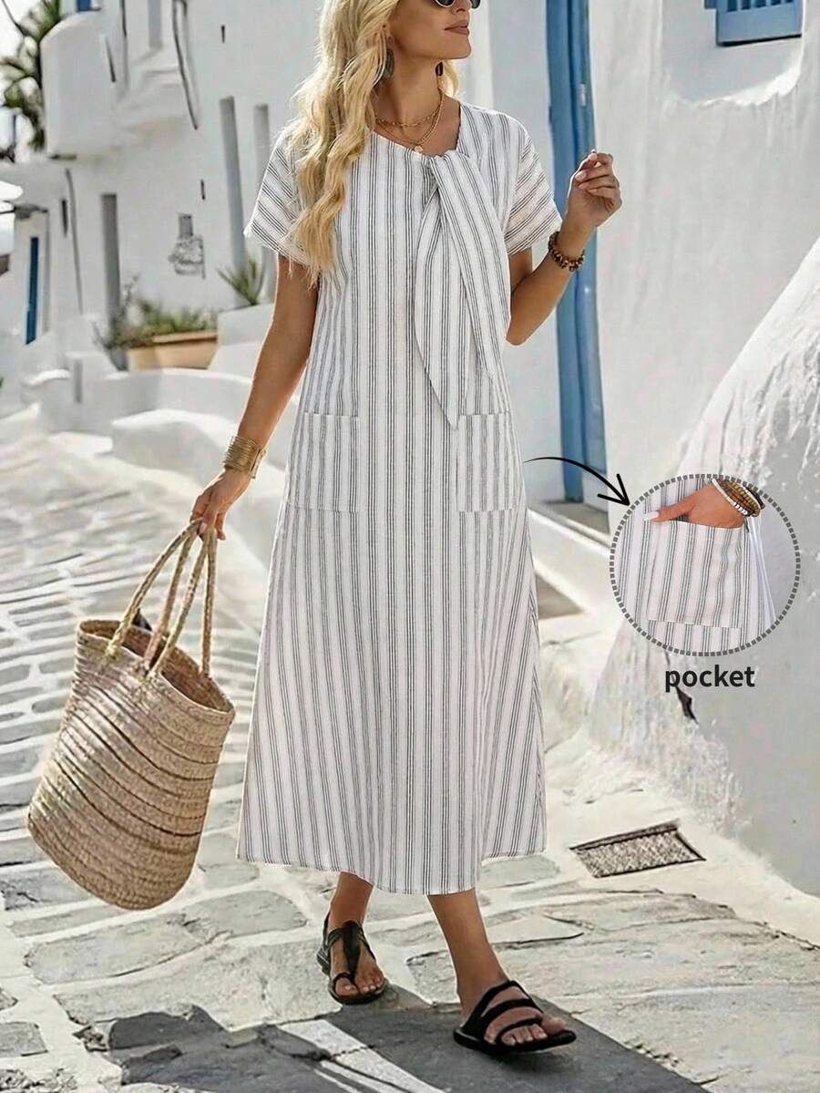 SHEIN Holidaya Breezaya Women's Casual Vacation Loose Cotton Striped Dress - Multicolor - View 1