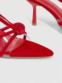 CUCCOO CHICEST Pointed Sandals, Transparent Belt With Rose Detail, High Heels, High Heel Shoes, Transparent Belt Design With Roses Valentine's Day Elegant Shoes - Red - View 9