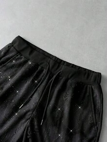 Manfinity Roghcode 2pcs/Set Men's Streetwear Black Glitter Summer City Break Short Sleeve T-Shirt And Drawstring Shorts,Knit Starry Print Distressed Rapper Costume - Black - View 5