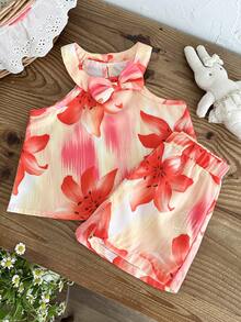 Bộ quần áo bé gái 6 tháng-3 tuổi, 2 món/set, thanh lịch và quyến rũ, phong cách thường ngày thoải mái, gồm áo không tay xếp ly in hoa và quần short in hoa. - Đỏ - Xem 5