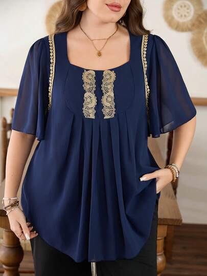 Lacomfia Minimalist Solid Color Floral Trim Fitted Short Sleeve Plus Size Blouse, Spring/Summer