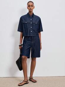 ATUI Studio Women's Solid Color Minimalist Daily Wear Short Sleeve Top And Shorts Denim Set - Navy Blue - View 6