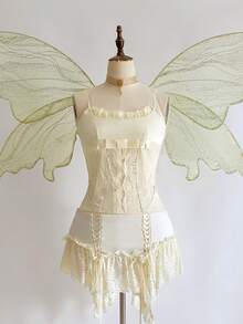 ROMWE Fairycore Women's Vintage Romantic Palace Style Satin & Lace Patchwork Sexy Camisole - Apricot - View 1