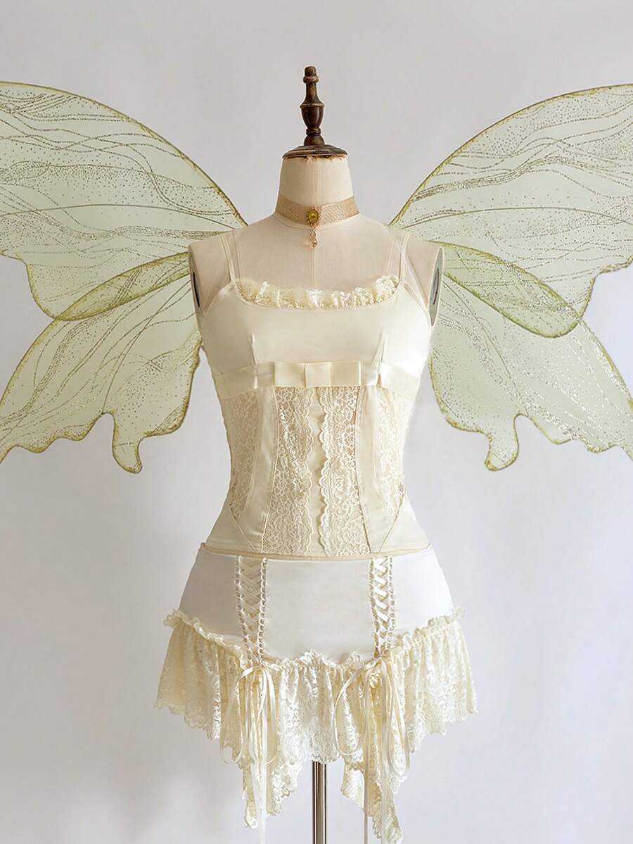 ROMWE Fairycore Women's Vintage Romantic Palace Style Satin & Lace Patchwork Sexy Camisole - Apricot - View 1