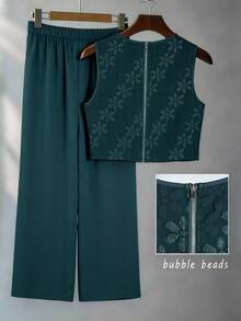 Seusyu Women's Textured Jacquard Tank Top And Straight Leg Pants Set, Minimalist Elegant Plus Size - Dark Green - View 2