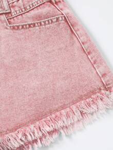 SHEIN Essnce Women's Casual Denim Shorts With Pockets And Frayed Hem, Versatile For Daily Wear - Pink - View 4