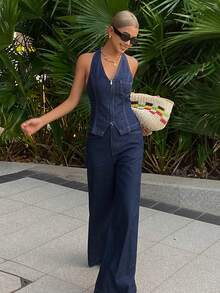 DAZY Women's V-Neck Sleeveless Denim Vest And Loose Straight Leg Denim Pants Casual Elegant Denim Suit - Dark Wash - View 6
