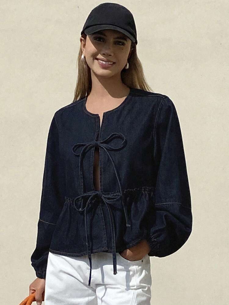 Women's Round Neck Bow Tie Cardigan Denim Short Lantern Sleeve Loose Tie-Up Blouse