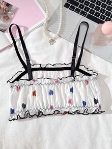 1pc Ribbed Heart Print Ruffle Trim Ladies' Wireless Bra - Multicolor - View 2