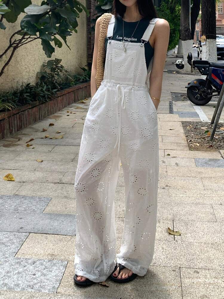 Women's Lace Textured Waist Strap Jumpsuit, Vacation Style Jumpsuit Lounge Sets For Women