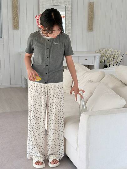 DAZY 少女春夏秋季字母刺绣蕾丝边短袖纽扣上衣和碎花裤睡衣套装