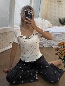 SHEIN 蝴蝶结印花短袖睡衣套装 - 彩色 - 查看 4