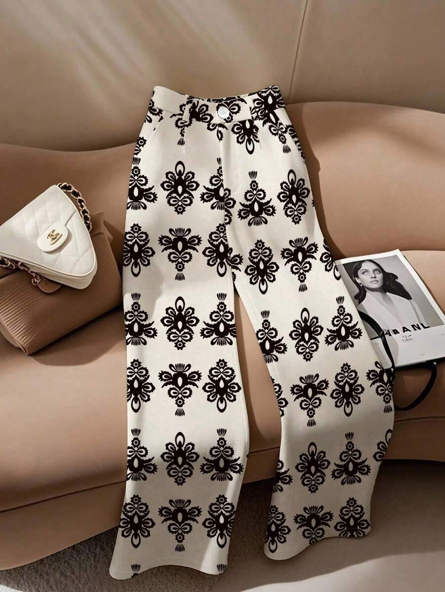 Franclia Women's New Casual High Waist Printed Wide Leg Pants, Versatile - Apricot - View 1
