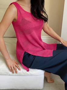 DAZY 女士粉色薄纱吊带背心和蓝色阔腿睡衣套装 - 紅色 - 查看 6