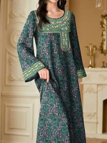SHEIN Najma Women's Floral,Plant & Geometric Pattern Digital Print Elegant Round Neck Long Sleeve Spring Arabic Style Dress,Modest Turkish Dress,Islamic Dresses - Multicolor - View 4