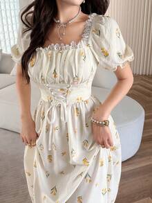 Feyla Women's Elegant Ditsy Floral Cross-Tie Waist Petal Sleeve Dress, Summer - Multicolor - View 6