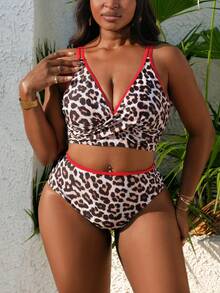Slaydiva 2026 New Plus Size Women 2pcs Leopard Print Red Trim Contrast Color Deep V Neck Bikini Set, Beach Vacation - Multicolor - View 4