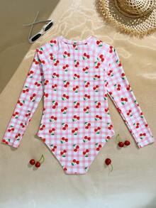 少女格子樱桃印花露腰长袖拉链连体泳衣 - 粉色 - 查看 2