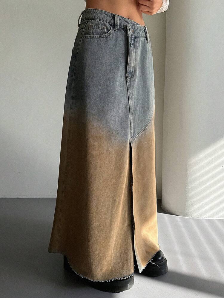 Western Cowgirl Contrast Color Washed Split A-Line Maxi Denim Skirt, Casual Vacation Summer Skirt For Women