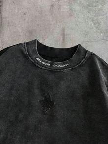 AXEPEAK 男士休闲宽松短袖T恤，黑色，标准尺码，刺绣，水洗 - 黑色 - 查看 4