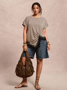 Freevana Plus Size Women Summer Casual Commuting Fashion Contrast Stripe & Floral Print Bat Wing Short Sleeve Lace Patchwork Irregular Hem T-Shirt - Coffee Brown - View 7