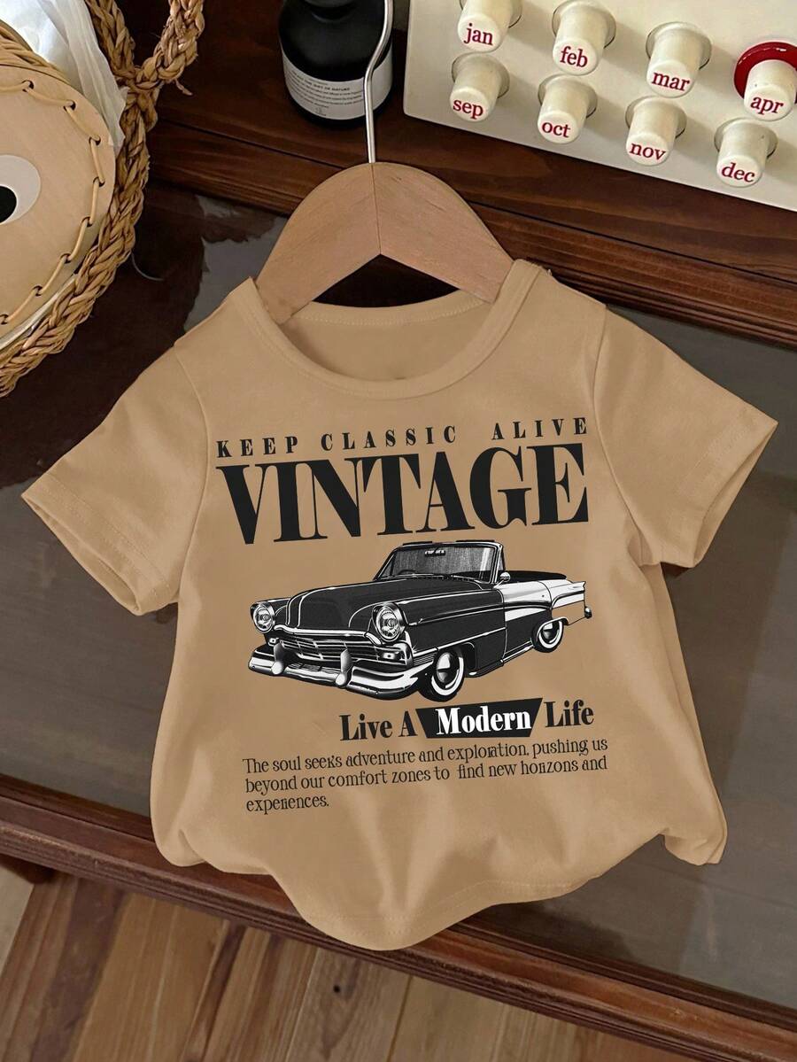 Vintage Racing Car Cartoon Print Casual Crew Neck Short Sleeve Top For Baby Boys, Suitable For Summer - Khaki - View 1