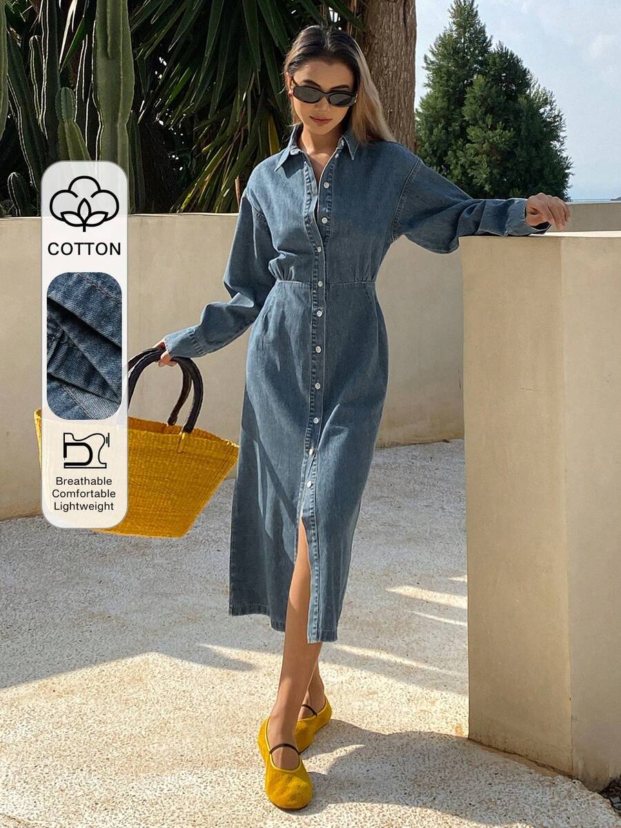 DAZY 女士翻领收腰长款开襟休闲牛仔连衣裙 - 中等水洗藍 - 查看 1