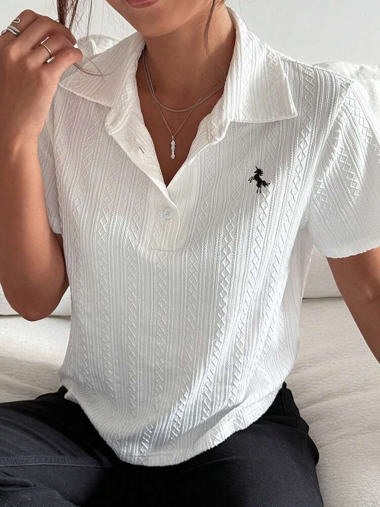 Women's Summer Polo Collar Textured Fabric Embroidery Decor Pullover Casual T-Shirt