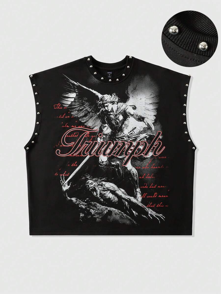 ROMWE MEN Street Life Men's Angel Letter Print Round Neck Rivet Loose Tank Top Spring/Summer - Black - View 1
