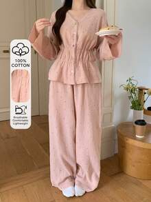 DAZY Sweet Polka Dot Allover Print Chiffon Fabric Lace Trim Women Pajama Set - Pink - View 1