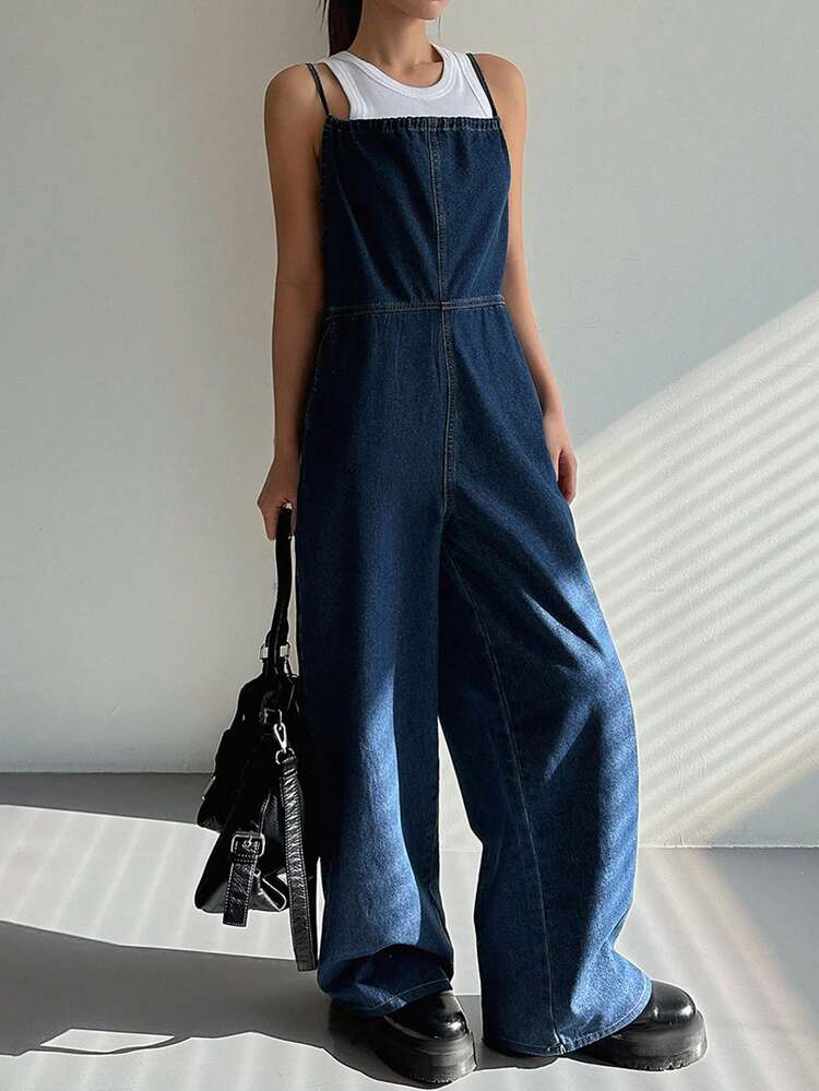 Women's Summer Waist Strap Jumpsuit, Casual Elegant Washed Denim Bib Pants & Jumpsuit