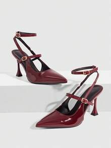 CUCCOO SZL Ladies Pointed Sexy Glossy High Heel Women's Shoes Thin Heel Commuter Avant-Garde Party Burgundy Strap Buckle Spring Shoes - Burgundy - View 3