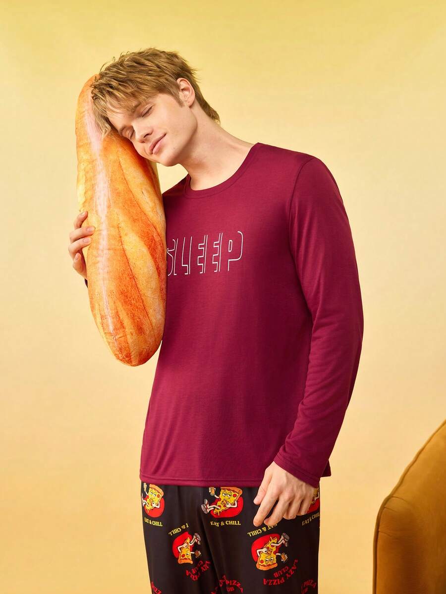 Notgurli Camiseta de dormir de manga larga negra con gráfico "SLEEP" suave y cómoda para hombres - Burdeos - Ver 1