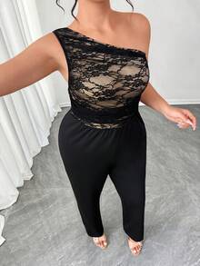 SHEIN Elenzya Plus Size Elegant Jumpsuit, Oblique Shoulder, Cinched Cinched Waist, Sophisticated, Versatile, Suitable For Dates And Formal Occasions - Black - View 7