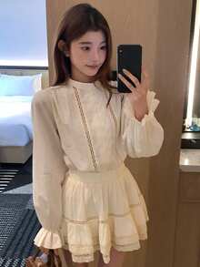 DAZY Women's Elegant Stand Collar Ruffle Sleeve Contrast Lace Blouse And Skirt 2-Piece Set,Cream White Autumn Lounge Sets For Date Commuting Daily Wear - Apricot - View 6
