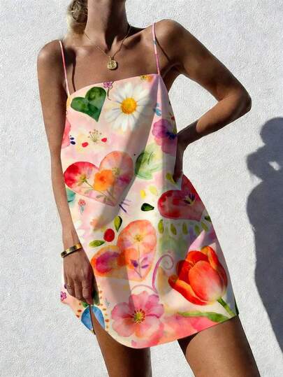 Vaclyn Women's Floral Print Casual Vacation Date Outfit Camisole Mini Dress