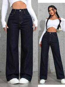 SHEIN ICON Women's High Waist Pockets Wide Leg Loose Casual Denim Jeans - Navy Blue - View 7