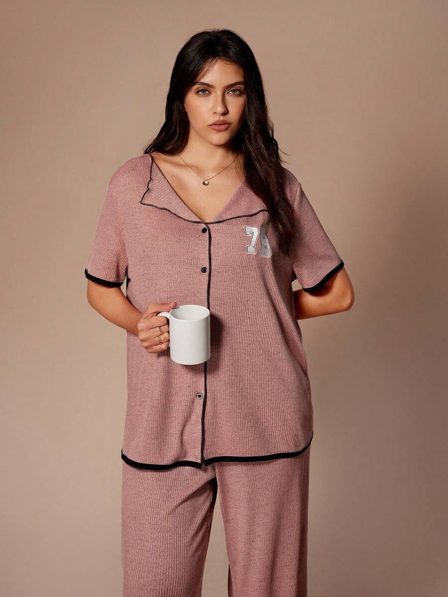 Lazeform Plus Size Casual Knit Pajama 2 Pieces Set,Embroidered Number Design Open Front Short Sleeve Pants Curve Lounge Wear,Dusty Rose,Summer,Family Matching - Watermelon Pink - View 1