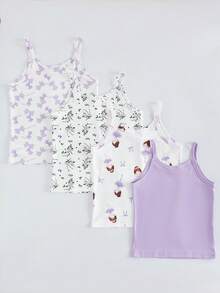 SHEIN 4件套女童可爱花卉、爱心和星星印花吊带内衣套装 - 紫色 - 查看 2