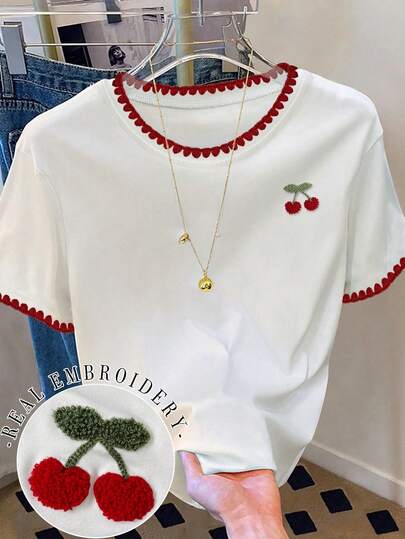 Resyla Women's Fashion Casual Drop Shoulder Round Neck Shell Embroidery T-Shirt, Cherry Blossom Embroidery T-Shirt, Cherry Blossom Towel Embroidery T-Shirt, Casual Comfortable Outdoor T-Shirt, All Season T-Shirt, Fruit T-Shirt