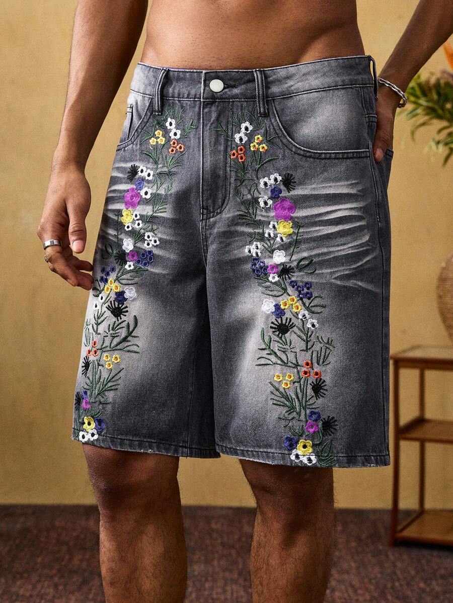 ROMWE MEN 男士时尚刺绣口袋牛仔短裤 - 灰色 - 查看 1